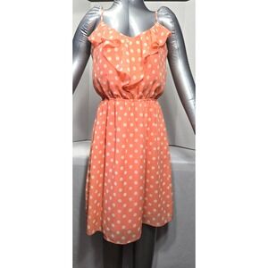 No Bondaries Sundress Peach Poka Dot adjustable straps Ruffle Neckline sz M 7-9